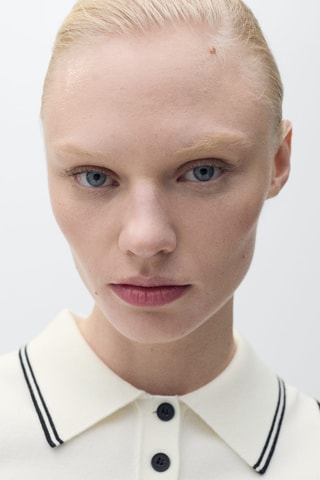 Top en maille col polo avec liserés contrastants - Ecru