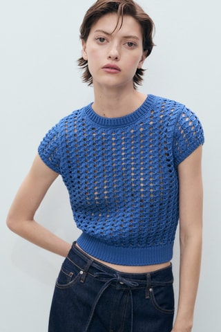 Pull-over crochet manches courtes - Bleu