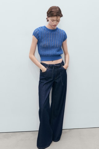 Pull-over crochet manches courtes - Bleu