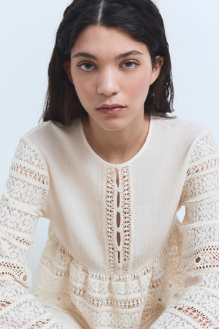 Blouse coton brodée détails ajourés - Ecru