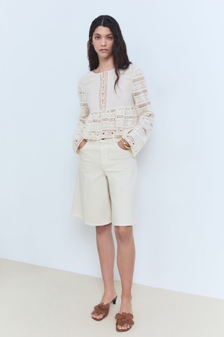 Blouse coton brodée détails ajourés - Ecru