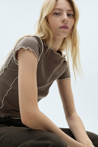 T-shirt crop liserés contrastés - Marron