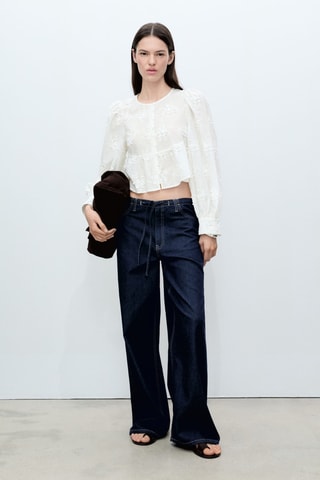 Chemisier coton brodé à fleurs - Ecru