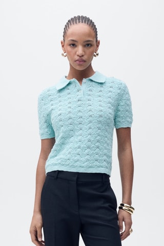 Pull-over crochet col polo - Turquoise