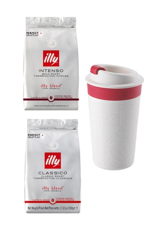 6  x 500 g sachets de café en grains Intenso Illy  + 6 x 500 g sachets de café en grains Classico Illy + Mug isotherme