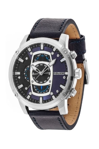 Leren Quartz Horloge Power Play - Marineblauw en Zilverkleurig