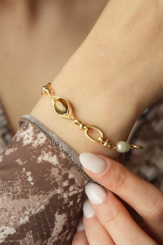 Pulseira - Banhado a ouro amarelo, olhos de tigre e pérolas de cultura