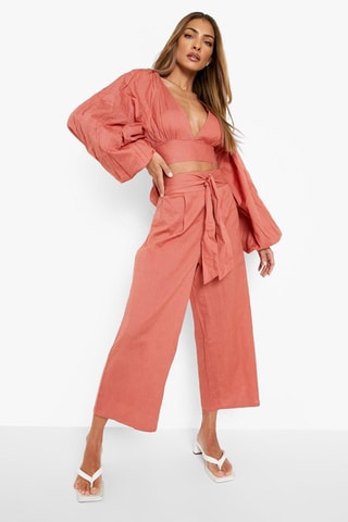 Geknoopte Crop Top en Broek Wide Legs Hoge Taille - Steenrood