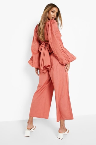 Geknoopte Crop Top en Broek Wide Legs Hoge Taille - Steenrood