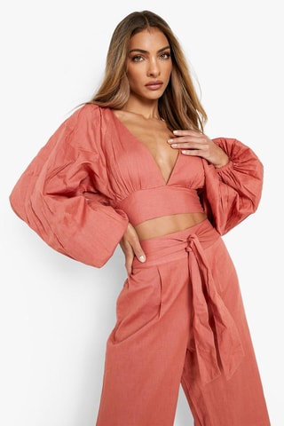 Geknoopte Crop Top en Broek Wide Legs Hoge Taille - Steenrood