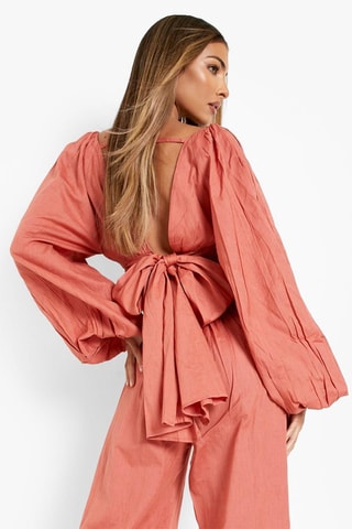 Geknoopte Crop Top en Broek Wide Legs Hoge Taille - Steenrood