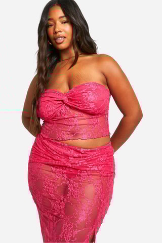 Strapless Crop Top en Lange Kanten Rok Hoge Taille - Roze
