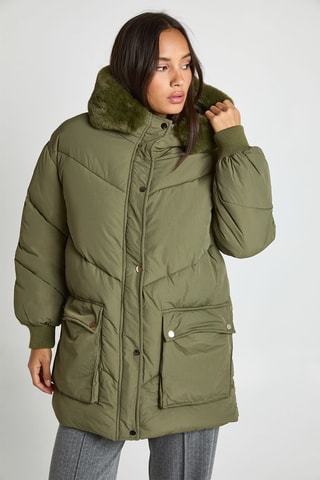 Lange gewatteerde jas met capuchon - Kaki