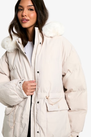 Lange gewatteerde jas met capuchon - Ecru