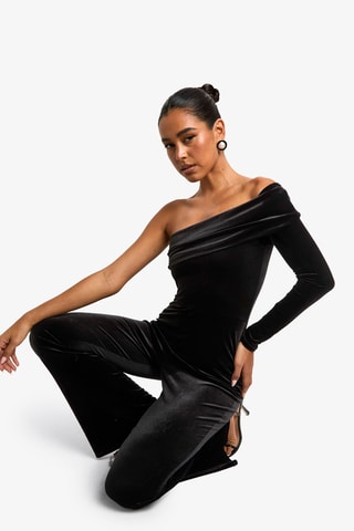 Asymmetrische Velours Jumpsuit - Zwart