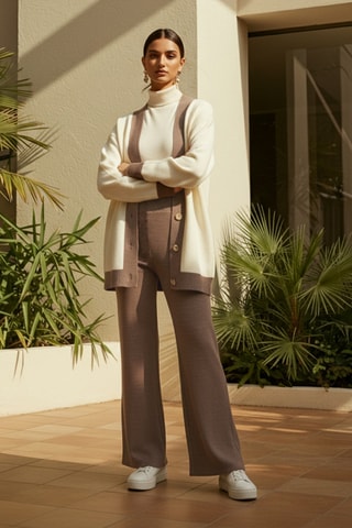 Chaleco largo y pantalón - Topo y blanco