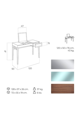 Toletta con specchio ribaltabile e portagioie 1 cassetto in legno placcato noce - 120 x 76 x 50 cm
