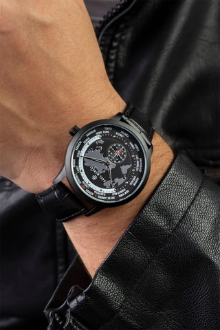 Orologio al quarzo in pelle - GMT - Bussola - Nero e argentato - Paul McNeal