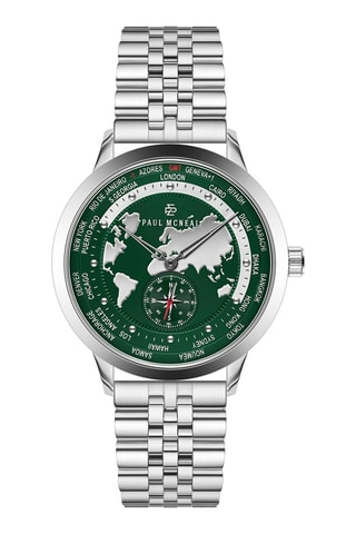 Orologio al quarzo in acciaio - GMT- Argentato e verde - Paul McNeal