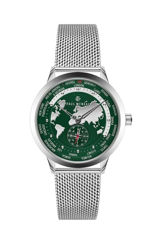 Orologio al quarzo in acciaio - GMT - Bussola - Argentato e verde scuro - Paul McNeal