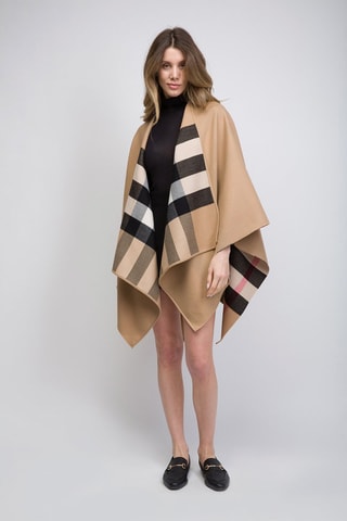 Poncho en laine Reversible Check - Camel