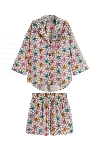 Chemisier droit et short de plage - Ecru et fuchsia