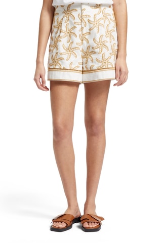 Short en lin taille haute - Ecru et marron