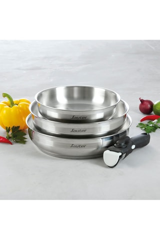 3 frigideiras em aço inoxidável  e cabo amovível - 20, 24 e 26 cm