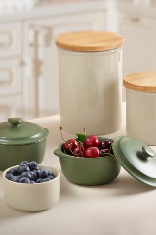 2 caixas de conservação em cerâmica com tampas em bambu - 12,5 x 18 cm