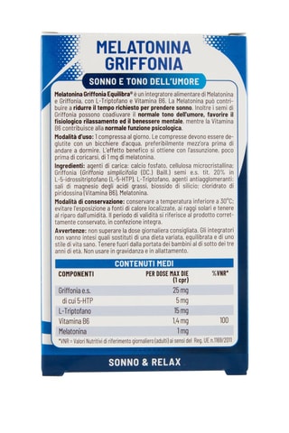 Melatonina + Griffonia Equilibra - 2 x 60 compresse - 2 cure da 60 giorni