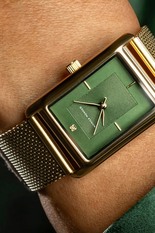 Stalen Quartz Horloge met Diamant - Goudkleurig en Groen