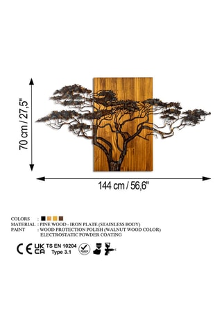 Adorno mural de madera Acacia Tree - 144 x 70 x 3 cm - Natural y negro