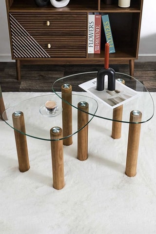 2 mesas de centro em vidro e madeira de hévea Clara - 43 x 60 x 45/40 x 50 x 38 cm
