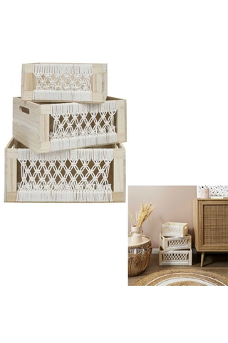 3 cestos de arrumação em madeira de paulownia Gigogne Boho - Bege e branco