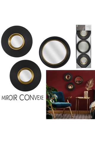 Lote de 3 espelhos convexos 26 x 26 x 3 cm - Preto e dourado