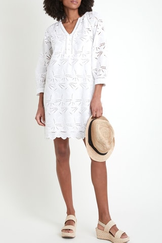 Vestido recto con bordado inglés - Crudo