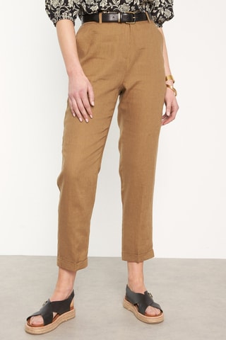Pantalón pitillo 7/8 de lino de tiro alto - Camel