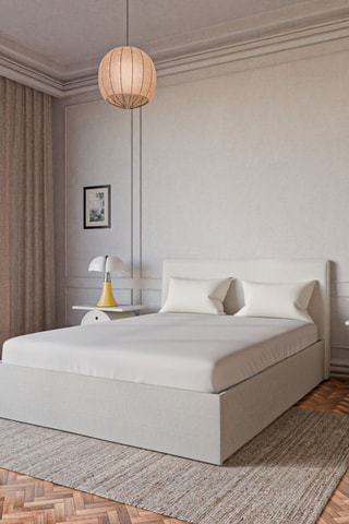 Lit Coffre Emma avec tête de lit - Tissu chiné blanc cassé