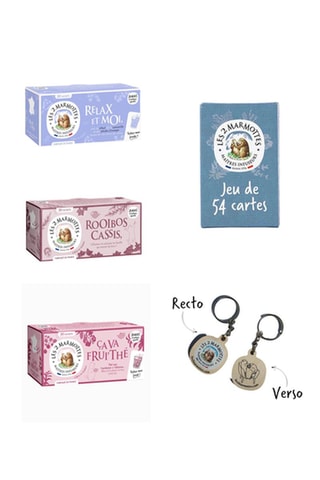 Infusion rooibos cassis bio, infusion relax et moi, thé noir framboise, jeu 54 cartes et porte-clés - 3 x 30 sachets