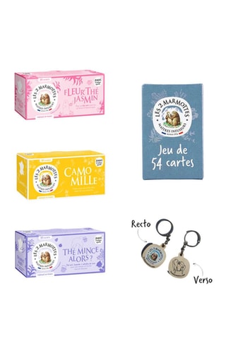 Infusion camomille, fleur'thé jasmin bio, thé mince alors, jeu 54 cartes et porte-clés - 3 x 30 sachets