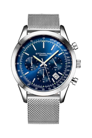 Montre à quartz en acier Preston - Chronographe et tachymètre - Argenté et bleu foncé