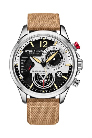 Montre à quartz en cuir et tissu Cordura - Chronographe - Beige et argenté