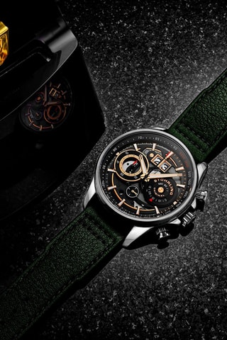 Montre à quartz en cuir Aviator - Chronographe et tachymètre - Vert et argenté