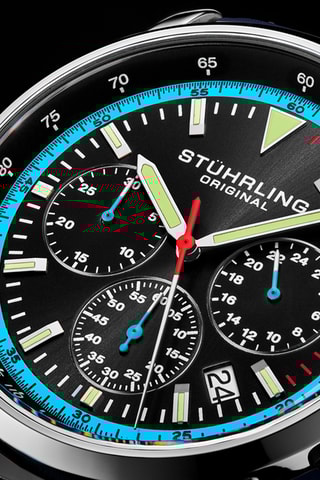 Montre à quartz en cuir Monaco - Tachymètre et chronographe - Bleu foncé et argenté