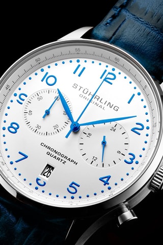 Montre à quartz en cuir - Chronographe - Bleu foncé et argenté