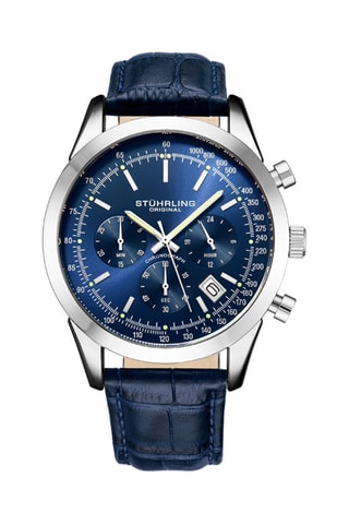 Montre à quartz en cuir Monaco - Chronographe et tachymètre - Bleu marine et argenté