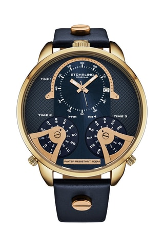 Montre à quartz en cuir - Fonction GMT - Bleu et doré