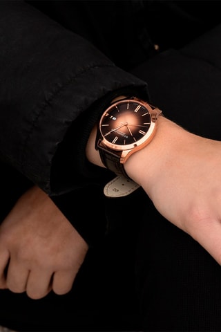 Montre à quartz en cuir - Marron et doré rose