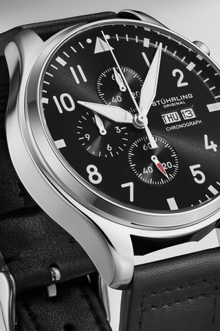 Montre à quartz en cuir - Chronographe - Noir et argenté