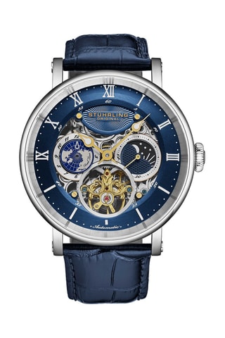 Leren Automatisch Horloge Majestic - GMT-functie - Blauw en Zilverkleurig
